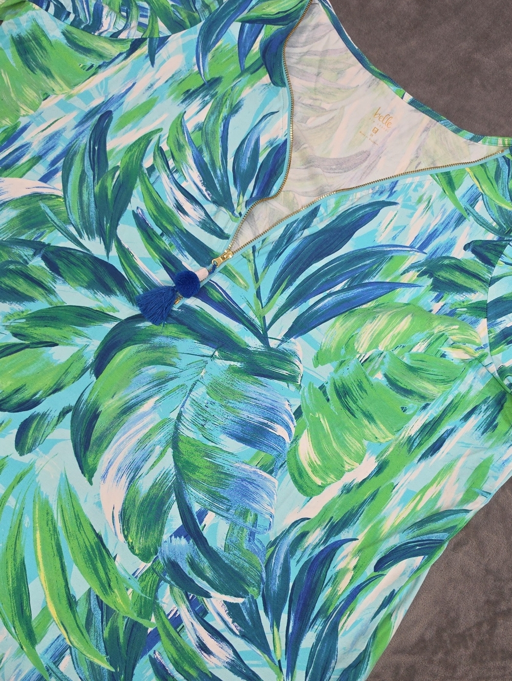 Belle by Kim Gravel Blue and Green Tropical Swim Coverup Top with Tassel Zip